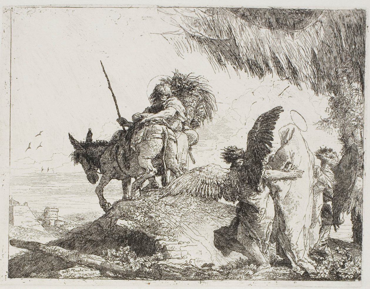 Mária, két angyal által támogatott, követi Józsefet, 26. lemez a Repülés Egyiptomba című könyvéből alkotó: Giovanni Domenico Tiepolo
