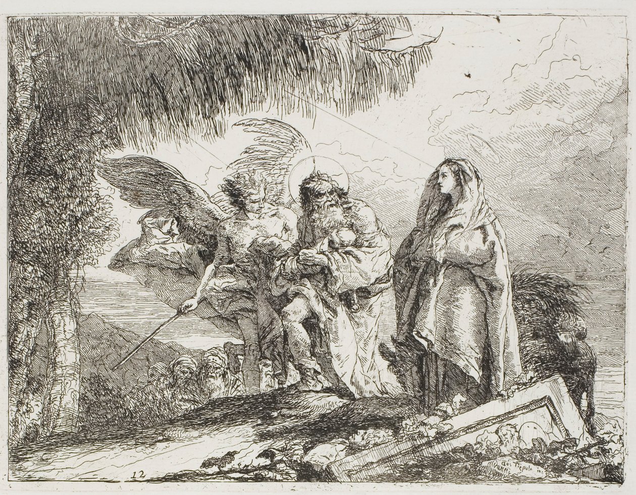 Máriát és Józsefet, akik a gyermeket tartják, egy angyal kíséri, tizenkettes tányér az Egyiptomba menekülésből alkotó: Giovanni Domenico Tiepolo