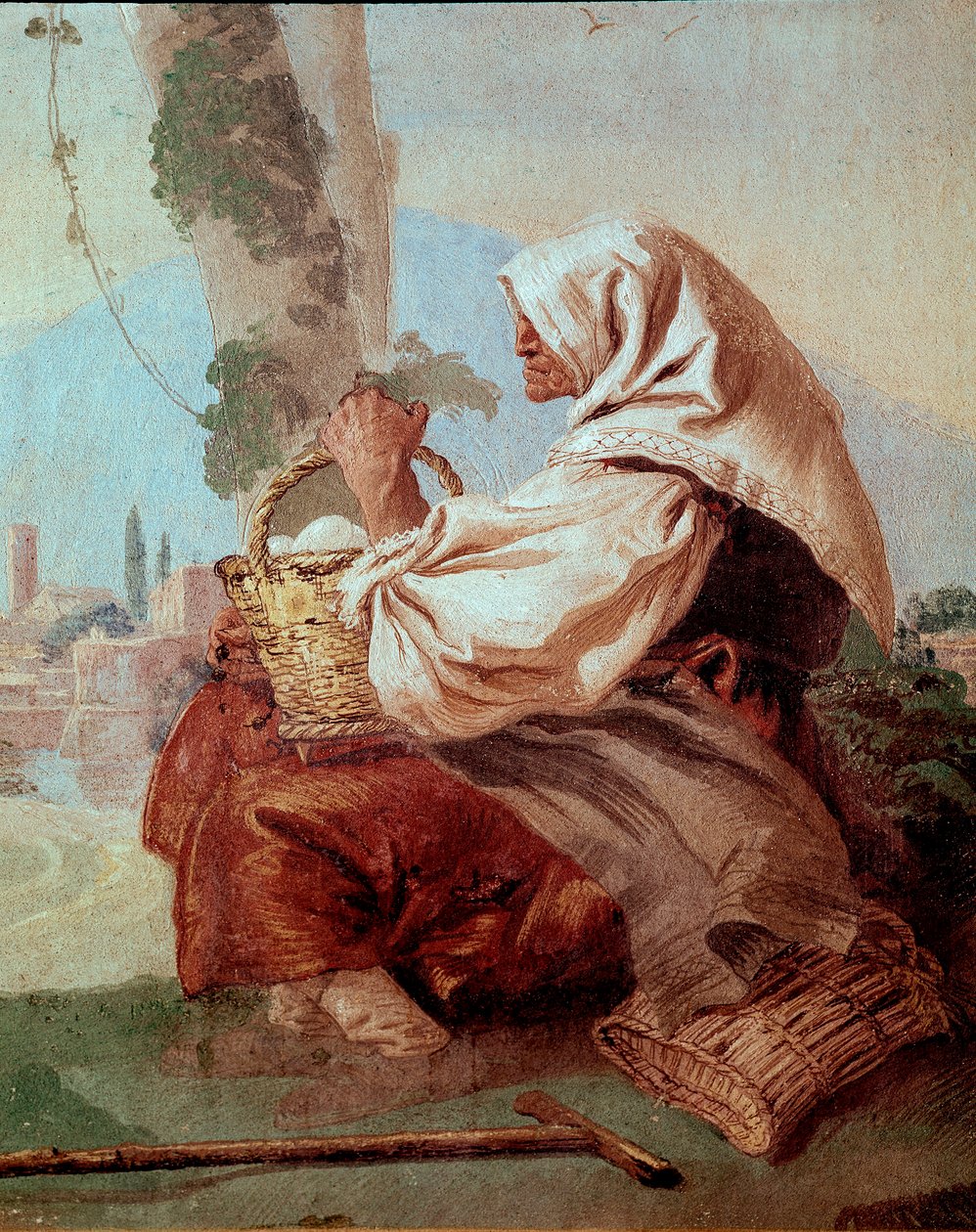 Öreg parasztasszony egy kosár tojással, a „Foresteria”-ból (vendégház) alkotó: Giovanni Domenico Tiepolo