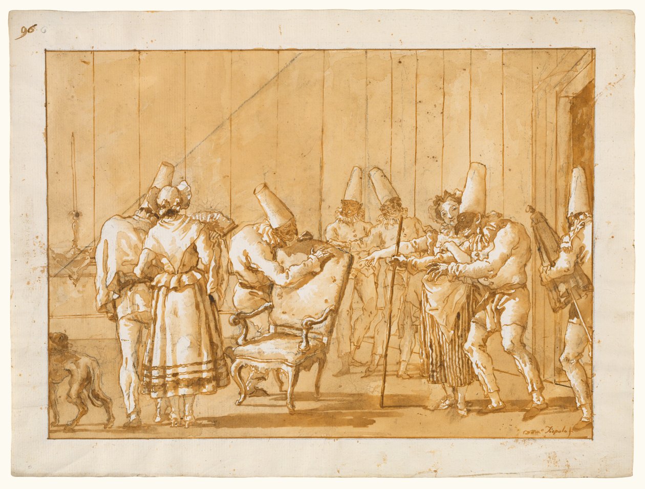 Punchinellót leültetik egy székre alkotó: Giovanni Domenico Tiepolo