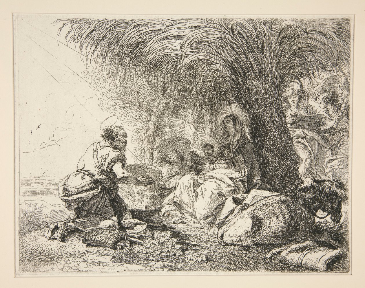 Szent József a csecsemő Jézust imádva, az Idee pittoresche sopra la fuga in Egitto (Repülés Egyiptomba) sorozatból alkotó: Giovanni Domenico Tiepolo