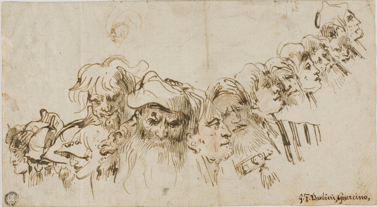 Férfifejek vázlatai (recto); királynő és oldal (verso) alkotó: Giovanni Domenico Tiepolo
