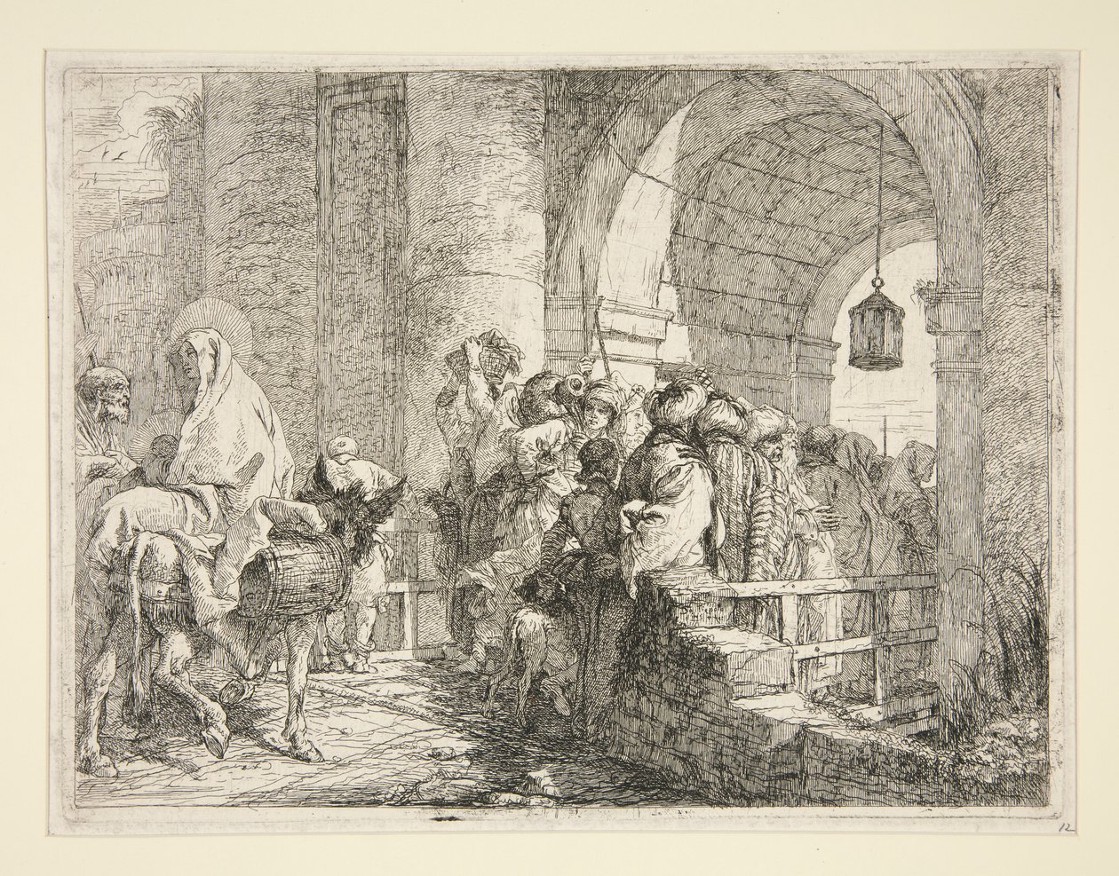 A Szent Család érkezése egy város kapujába, az Idee pittoresche sopra la fuga in Egitto (Repülés Egyiptomba) sorozatból alkotó: Giovanni Domenico Tiepolo