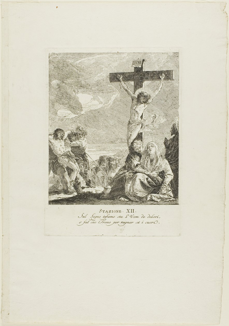 A keresztre feszítés, tizenkettedik tábla a Keresztút stációiból alkotó: Giovanni Domenico Tiepolo