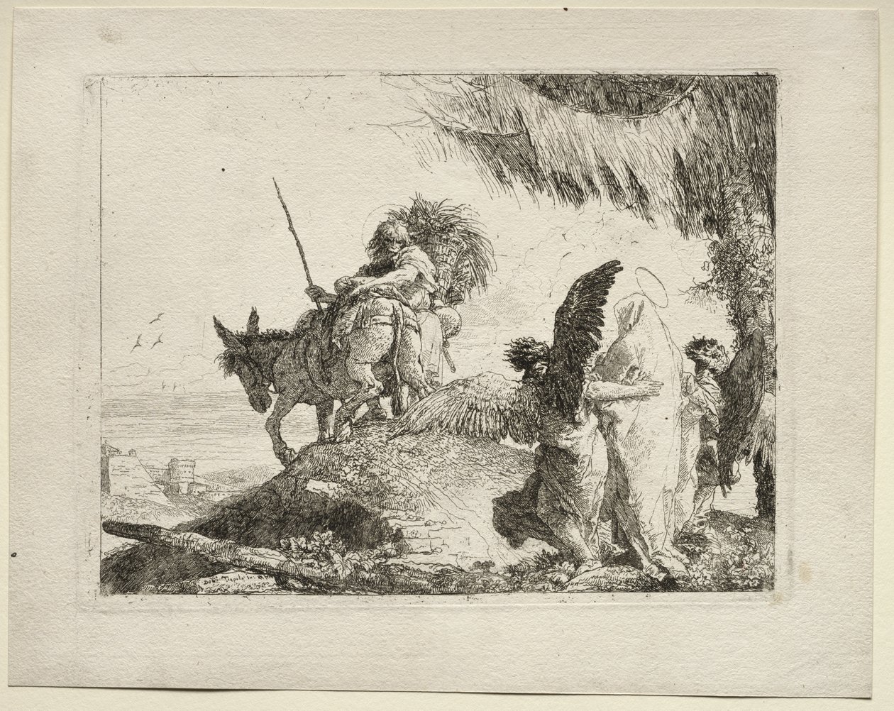 Repülés Egyiptomba: Repülés a Madonnával jobbra Angyalok támogatásával alkotó: Giovanni Domenico Tiepolo