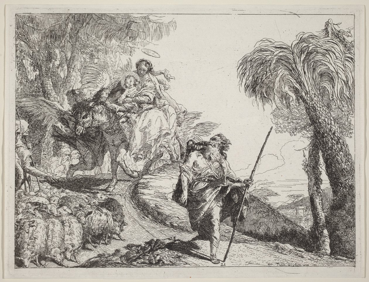Menekülés Józseffel az előtérben alkotó: Giovanni Domenico Tiepolo