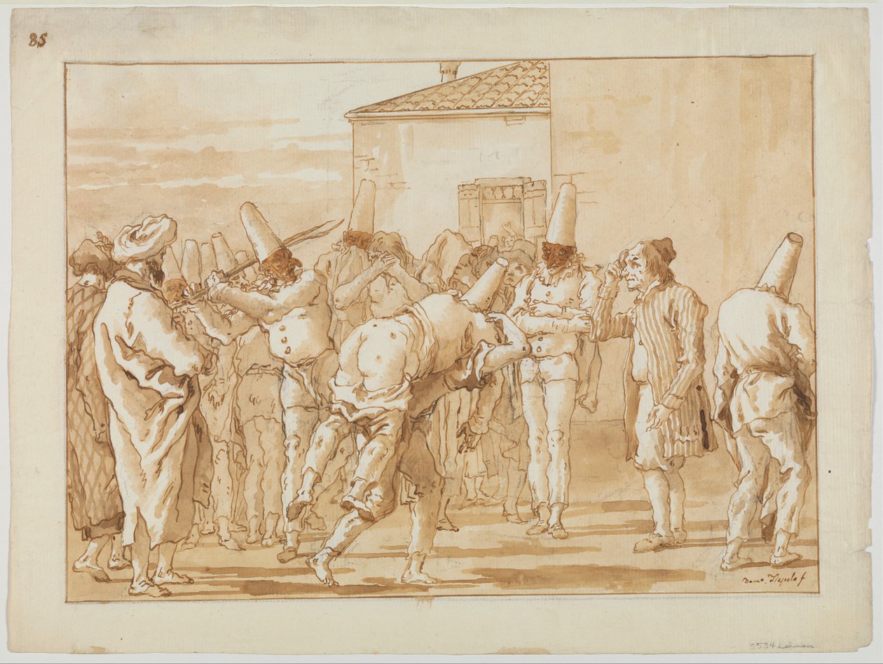 Punchinello megkorbácsolása alkotó: Giovanni Domenico Tiepolo