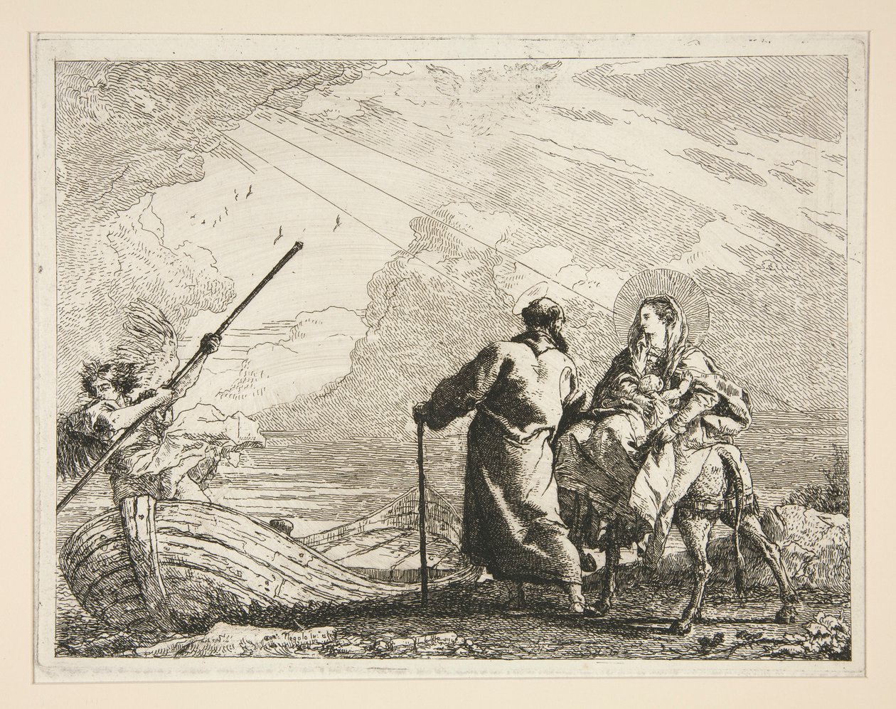 A Szent Család megérkezik a folyó szélére, az Idee pittoresche sopra la fuga in Egitto (Repülés Egyiptomba) sorozatból alkotó: Giovanni Domenico Tiepolo