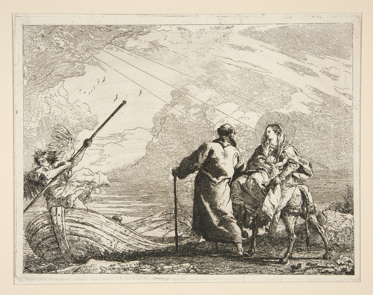 A Szent Család megérkezik a folyó partjára, az „Idee pittoresche sopra la fuga in Egitto” (Menekülés Egyiptomba) című sorozatból alkotó: Giovanni Domenico Tiepolo
