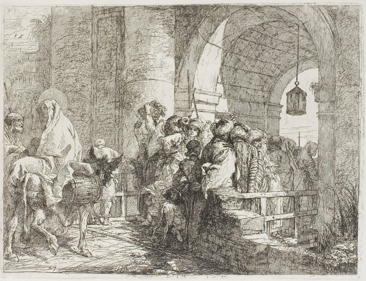 A Szent Család megérkezik a városkapuhoz, 27-es tábla a Repülés Egyiptomba című könyvéből alkotó: Giovanni Domenico Tiepolo