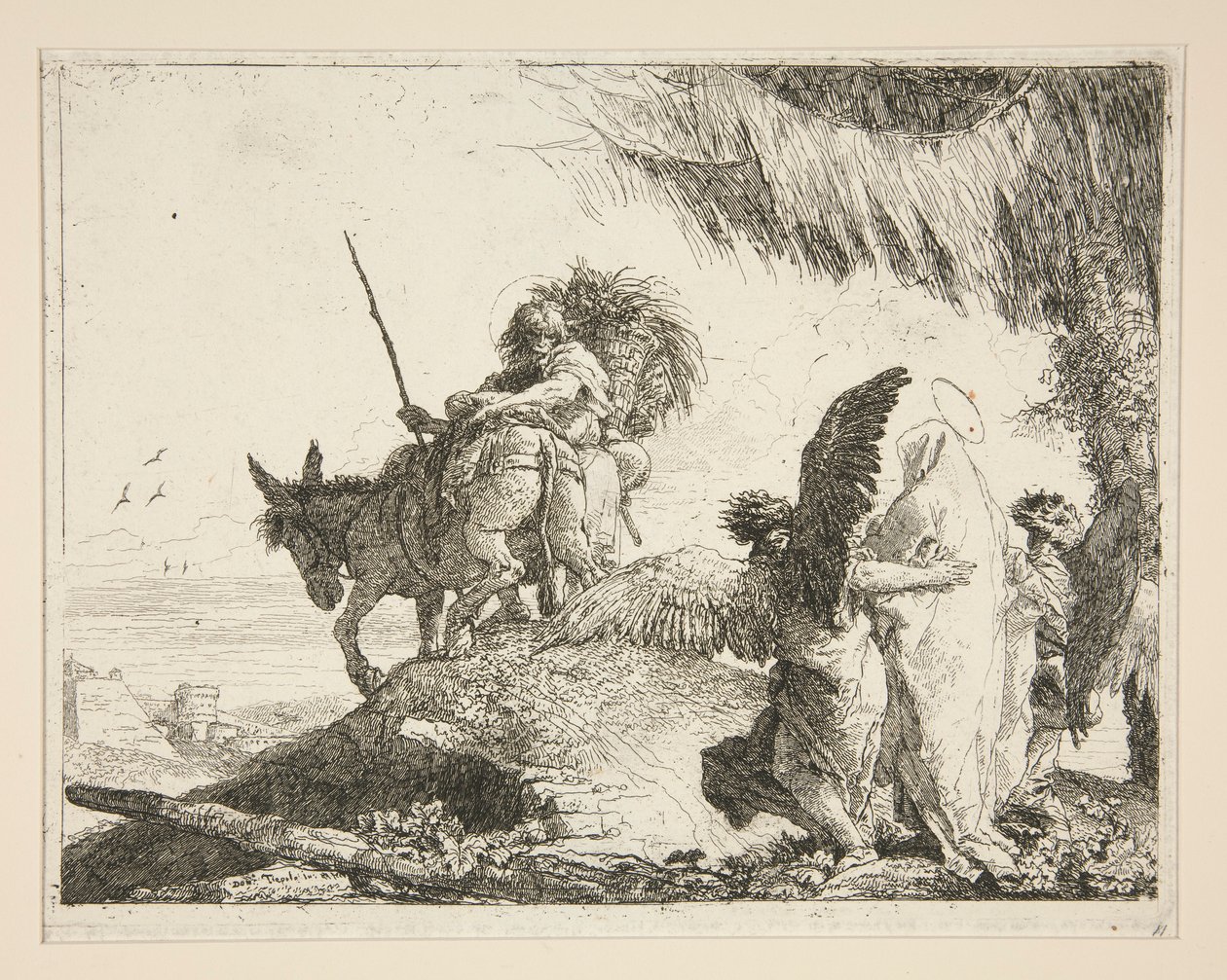 A Szent Család két angyal között, az Idee pittoresche sopra la fuga in Egitto (Repülés Egyiptomba) sorozatból alkotó: Giovanni Domenico Tiepolo