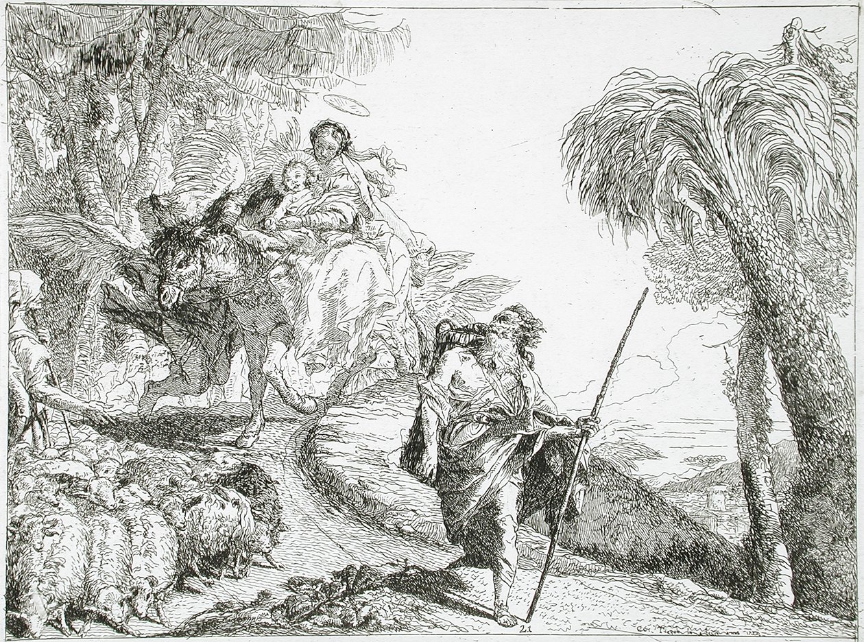 A Szent Család erdei ösvényen ereszkedik lefelé, egy nyáj és néhány pásztor közelében alkotó: Giovanni Domenico Tiepolo