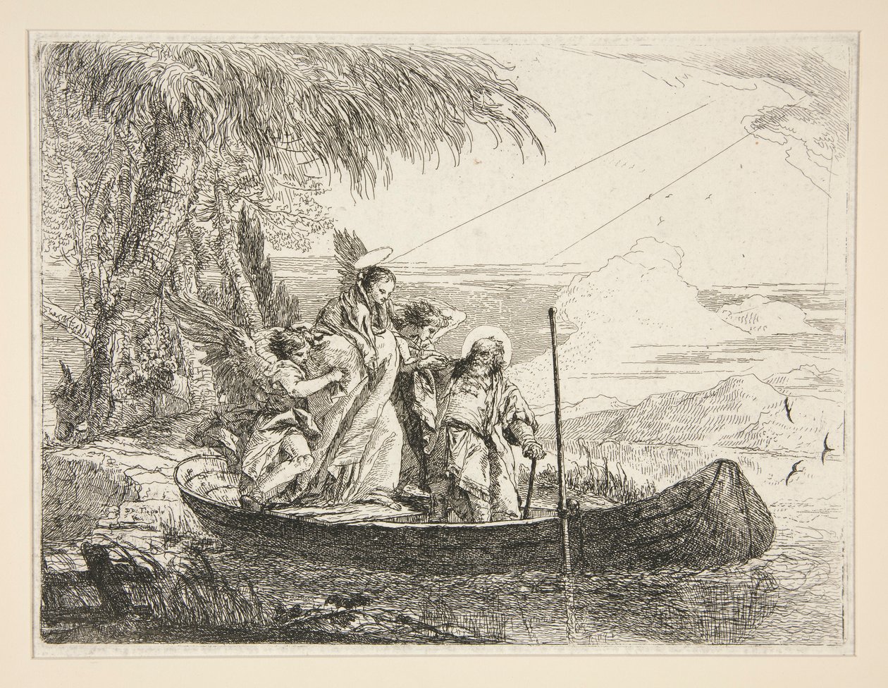A Szent Család hajóba lép, az Idee pittoresche sopra la fuga in Egitto (Repülés Egyiptomba) sorozatból alkotó: Giovanni Domenico Tiepolo