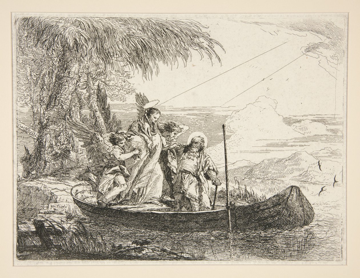 A Szent Család beszáll egy csónakba, az „Idee pittoresche sopra la fuga in Egitto” (Menekülés Egyiptomba) című sorozatból alkotó: Giovanni Domenico Tiepolo