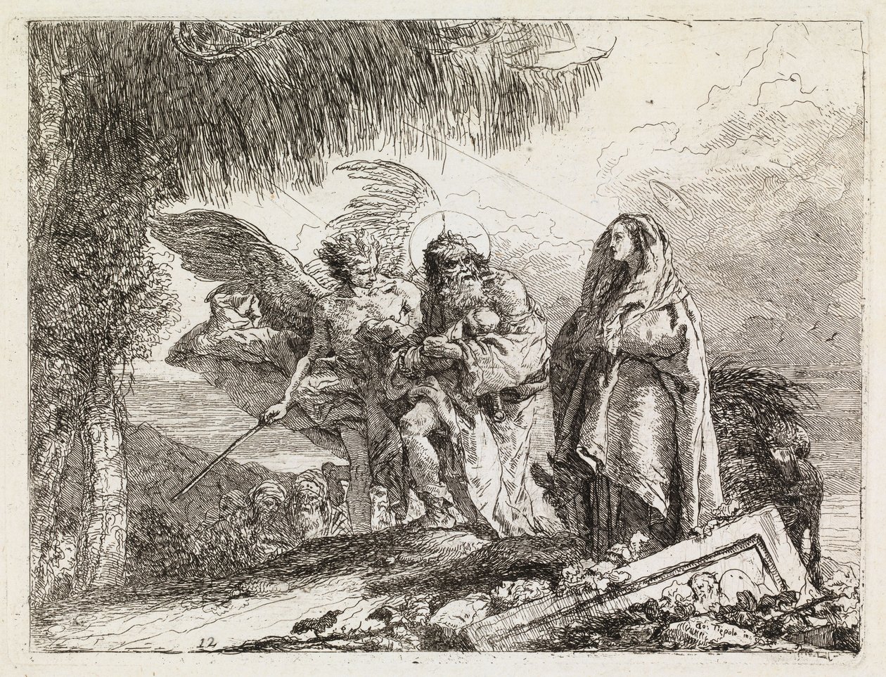 Az angyal által kísért Szent Család (A menekülés Egyiptomba XII.) alkotó: Giovanni Domenico Tiepolo