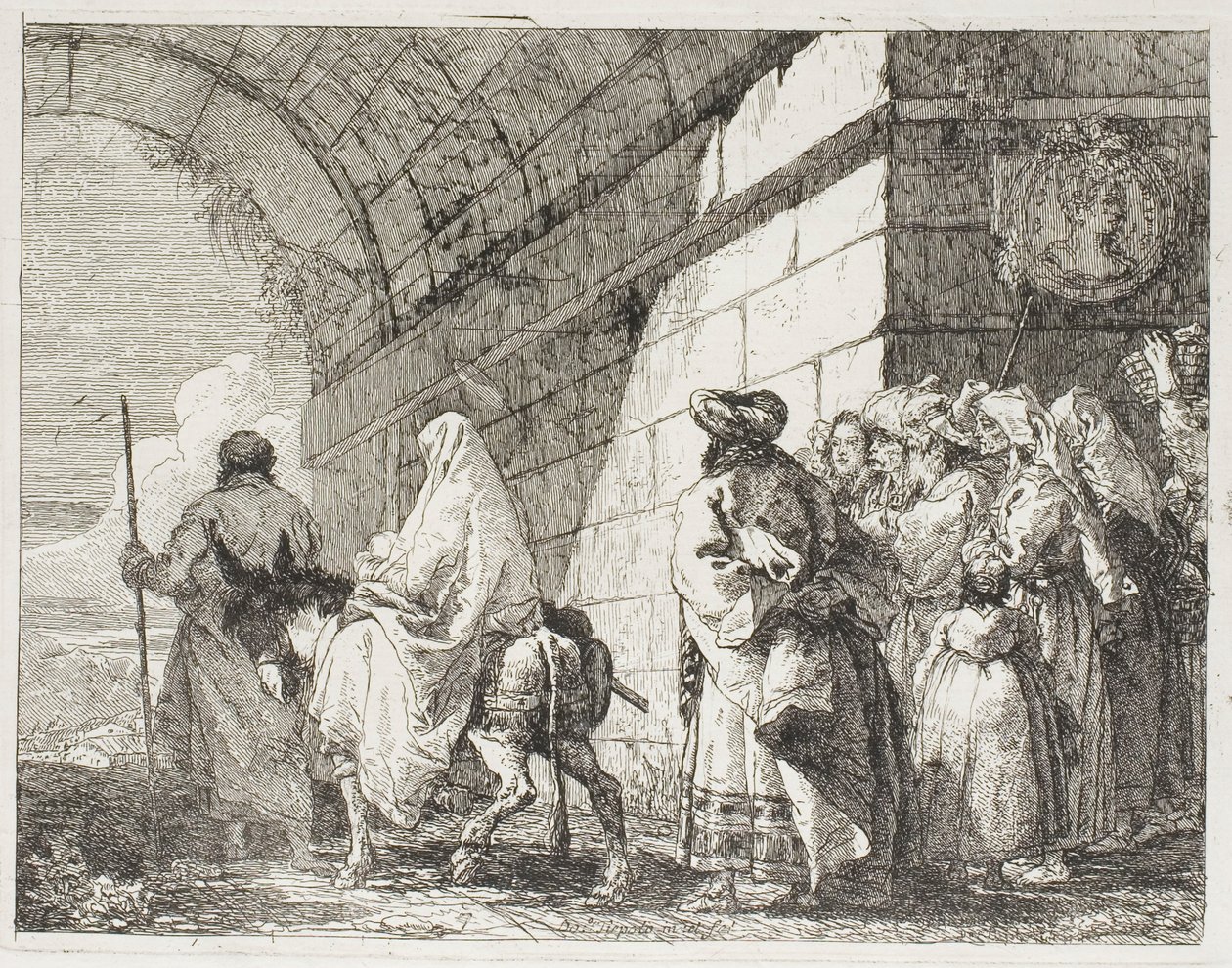 A Szent Család egy városkapu mellett távozik, hetedik tábla a Repülés Egyiptomba című könyvéből alkotó: Giovanni Domenico Tiepolo