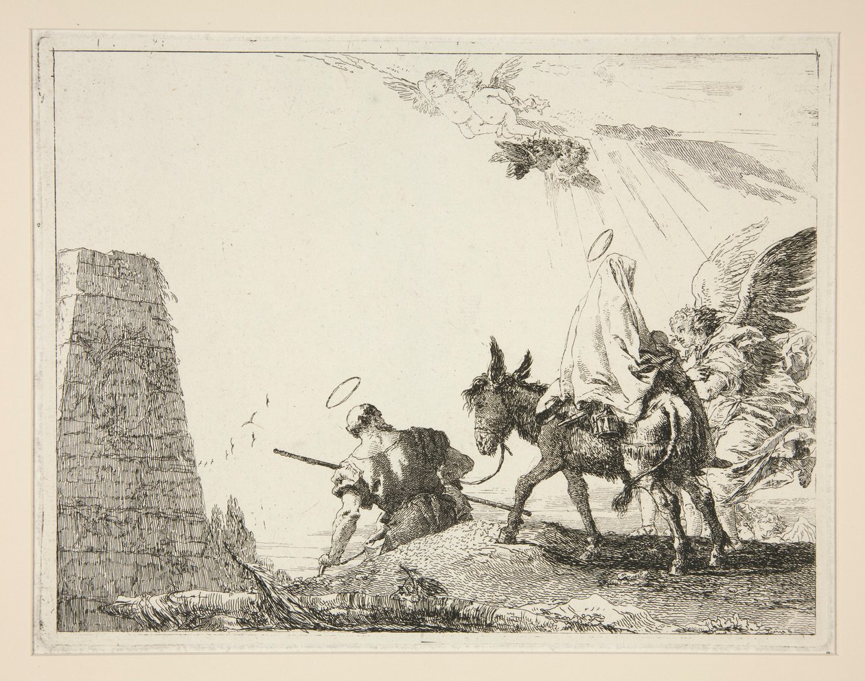 A Szent Család piramis mellett, az Idee pittoresche sopra la fuga in Egitto (Repülés Egyiptomba) sorozatból alkotó: Giovanni Domenico Tiepolo
