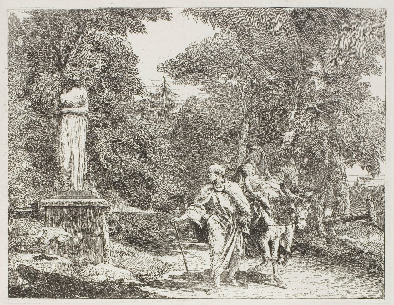 A Szent Család egy szobor mellett halad el, melynek feje a földre zuhan, 22. lemez az Egyiptomba menekülésből alkotó: Giovanni Domenico Tiepolo