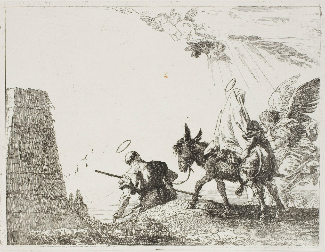 A Szent Család egy piramis mellett halad el, huszas lemez az Egyiptomba menekülésből alkotó: Giovanni Domenico Tiepolo