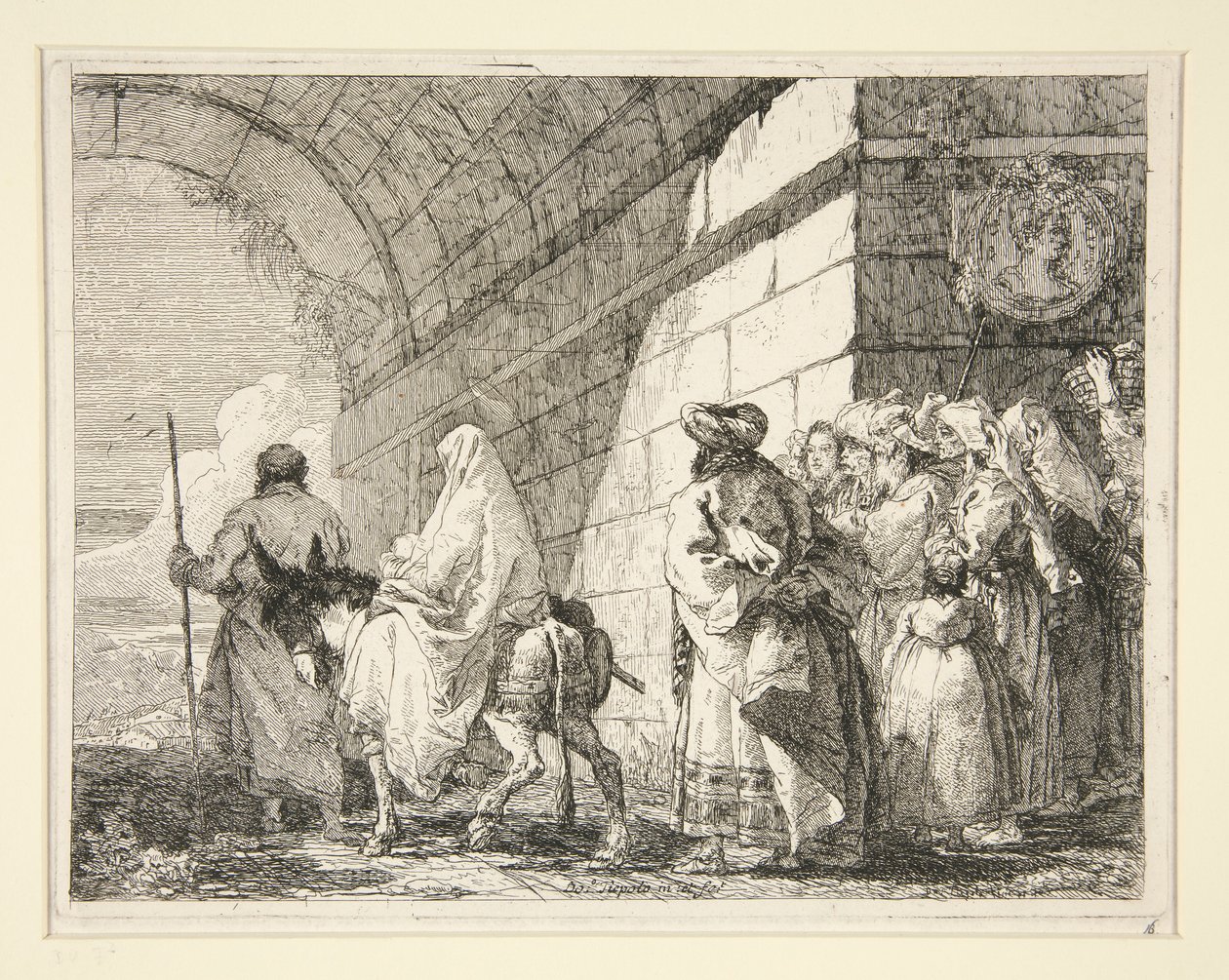 A Szent Család egy boltív alatt elhaladva, elhagyva a városkapun, az Idee pittoresche sopra la fuga in Egitto (Repülés Egyiptomba) sorozatból alkotó: Giovanni Domenico Tiepolo