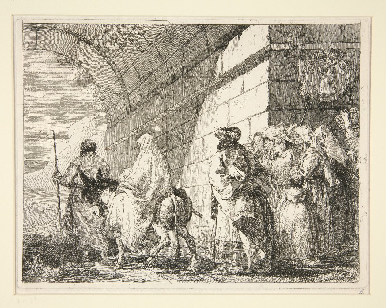 A Szent Család egy boltív alatt halad át, miközben a városkapun keresztül távozik, az „Idee pittoresche sopra la fuga in Egitto” (Menekülés Egyiptomba) című sorozatból alkotó: Giovanni Domenico Tiepolo