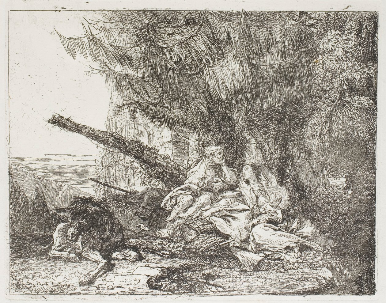 Erdőben nyugvó Szent Család, 23. lemez a Repülés Egyiptomba című filmből alkotó: Giovanni Domenico Tiepolo