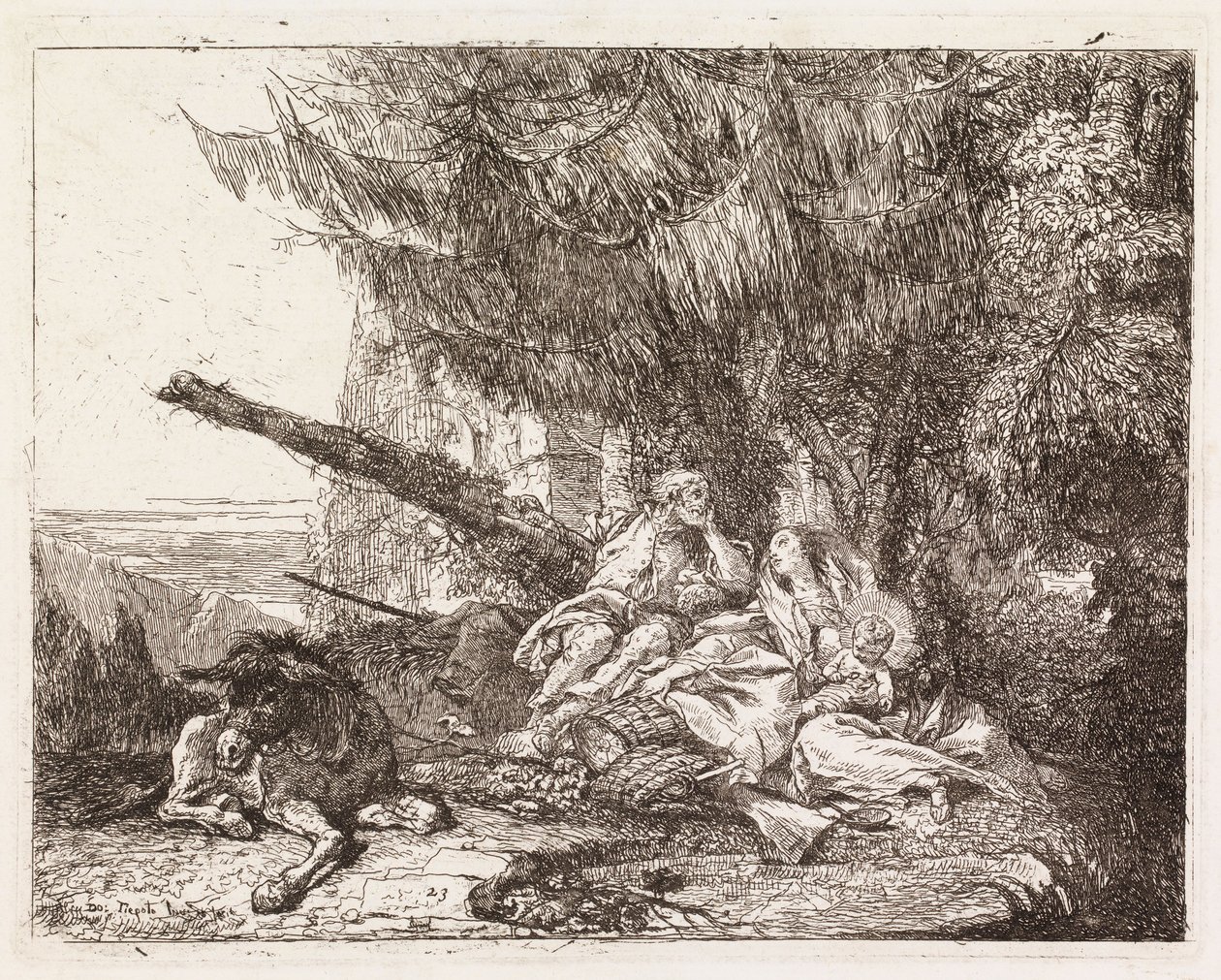 A Szent Család pihenése egy fenyőfa alatt (Menekülés Egyiptomba XXIII) alkotó: Giovanni Domenico Tiepolo