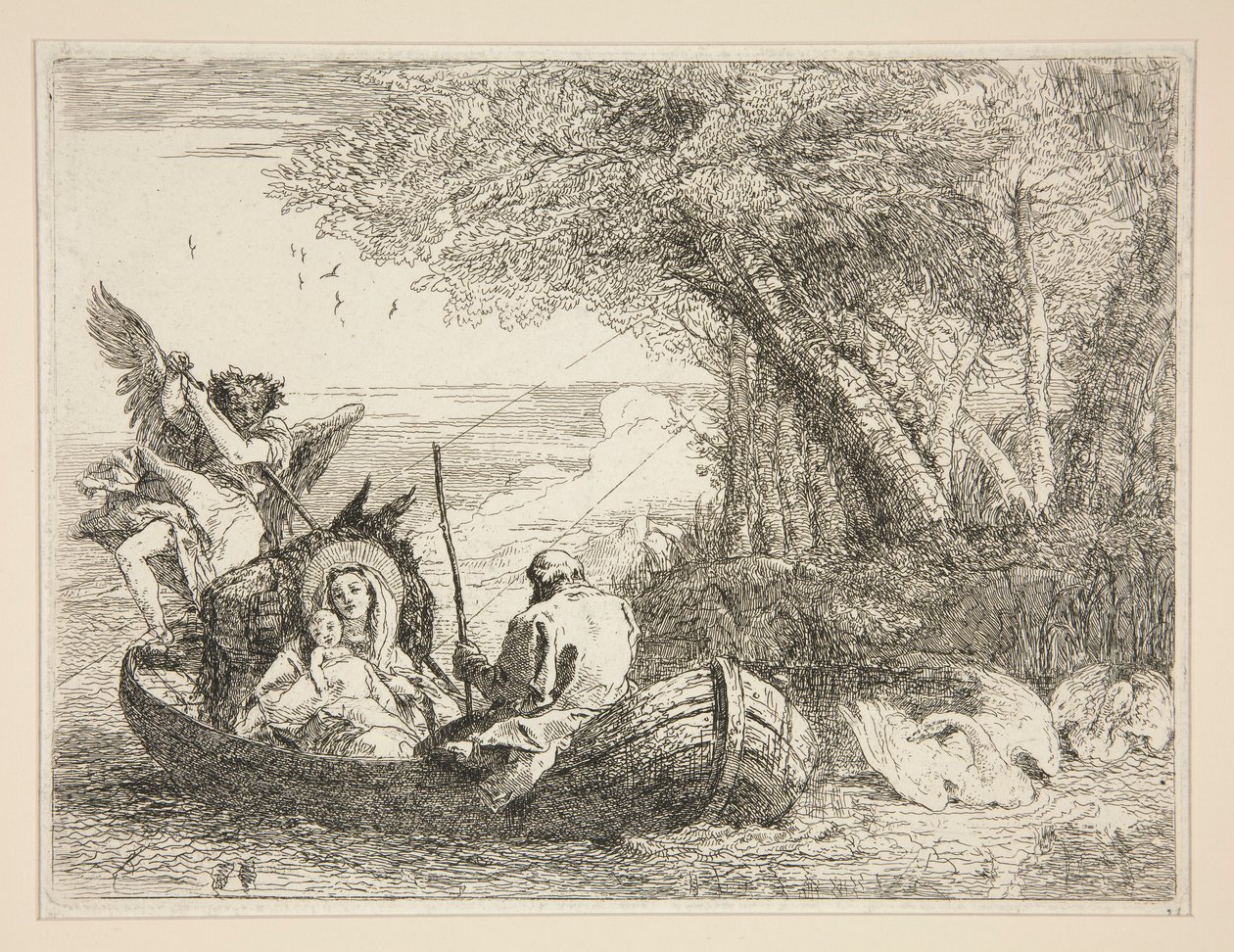 A Szent Család hajóval utazva, az Idee pittoresche sopra la fuga in Egitto (Repülés Egyiptomba) sorozatból alkotó: Giovanni Domenico Tiepolo