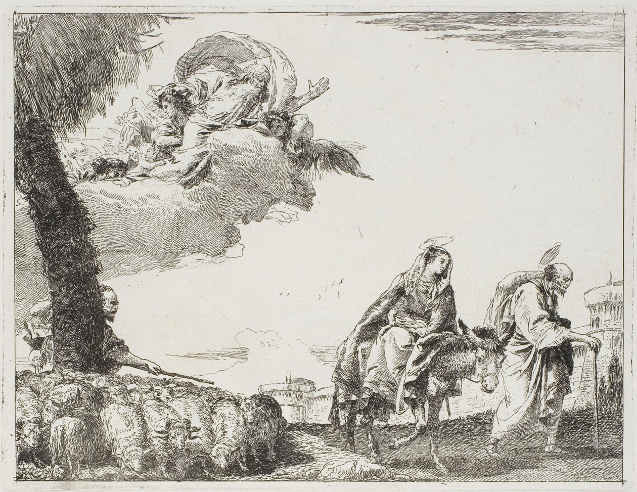A Szent Család a városfal mentén sétál. A bal oldalon egy pásztor a nyájával és az Atyaisten, nyolcas tányér az Egyiptomba menekülésből alkotó: Giovanni Domenico Tiepolo