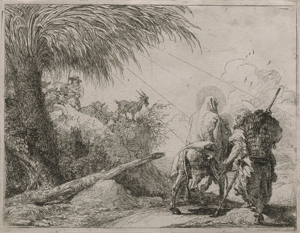 A Szent Család sziklás ösvényen, az Idee pittoresche sulla fuga in Egitto (Repülés Egyiptomba) sorozatból alkotó: Giovanni Domenico Tiepolo