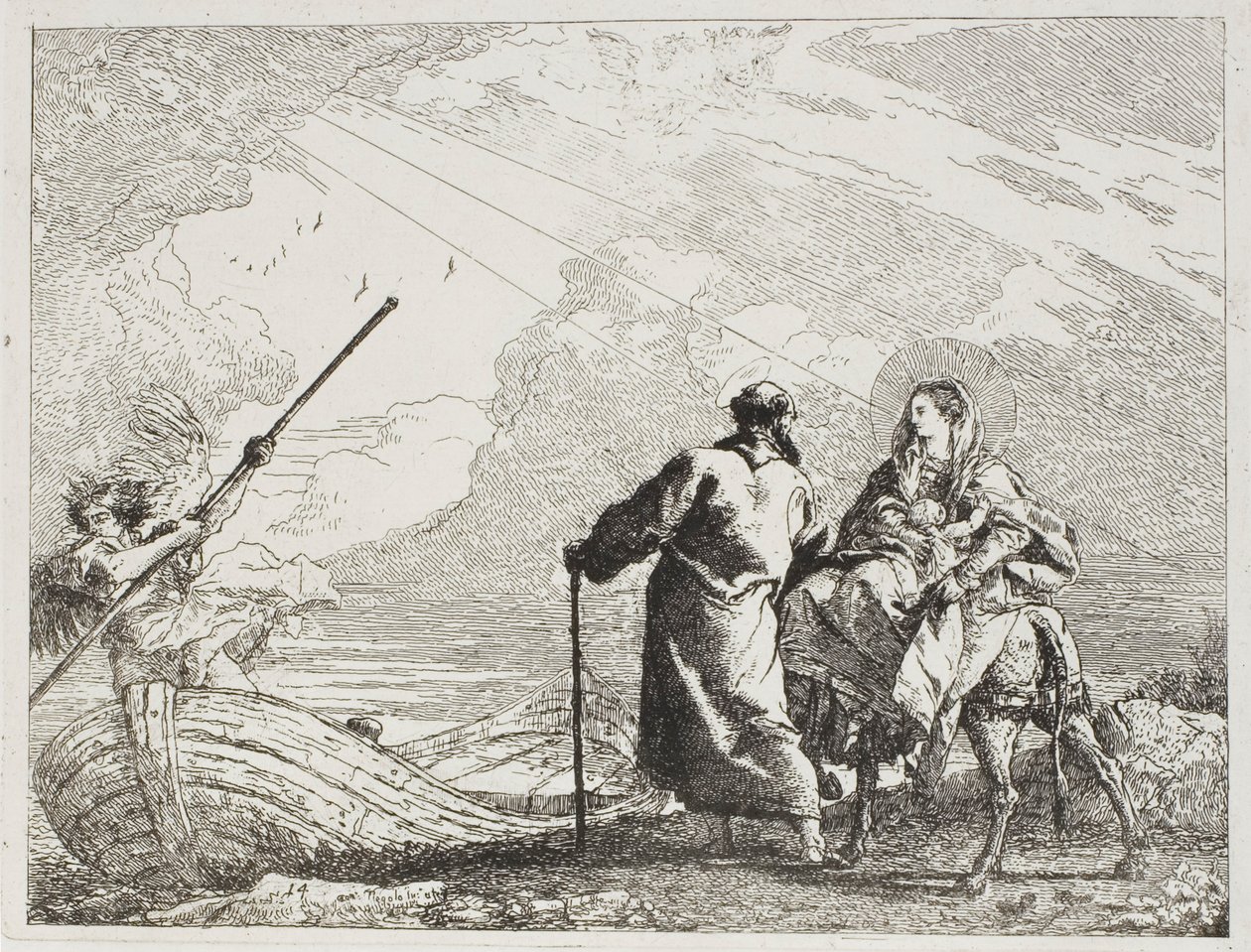 A Szent Család a folyó partján, tizennegyedik tábla a Repülés Egyiptomba című könyvéből alkotó: Giovanni Domenico Tiepolo