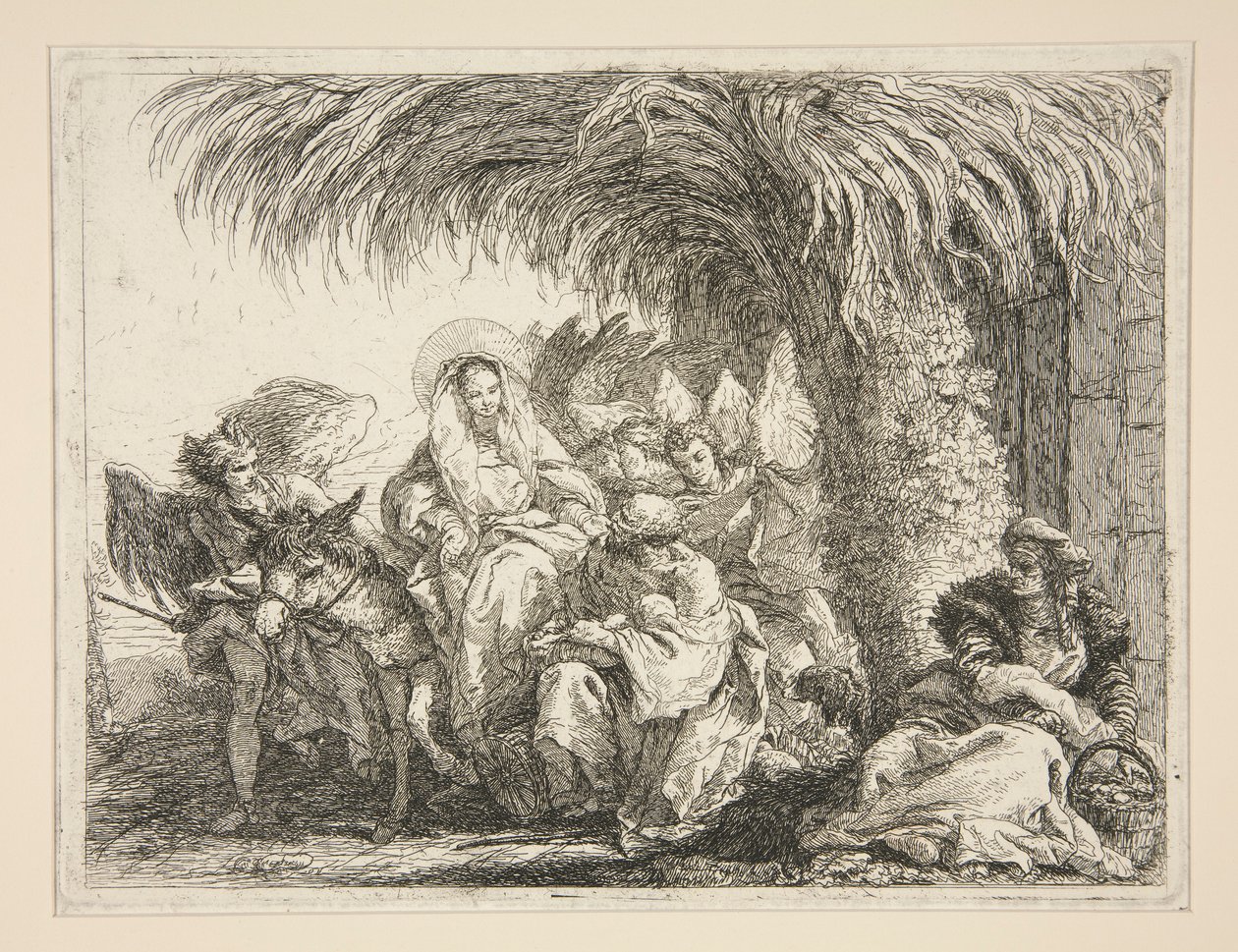 A Szent Család pálmafa alatt, az Idee pittoresche sopra la fuga in Egitto (Repülés Egyiptomba) sorozatból alkotó: Giovanni Domenico Tiepolo