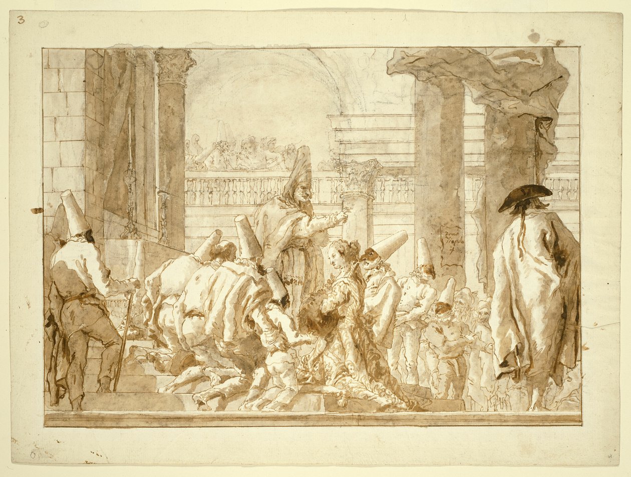 Punchinello apjának házassága alkotó: Giovanni Domenico Tiepolo