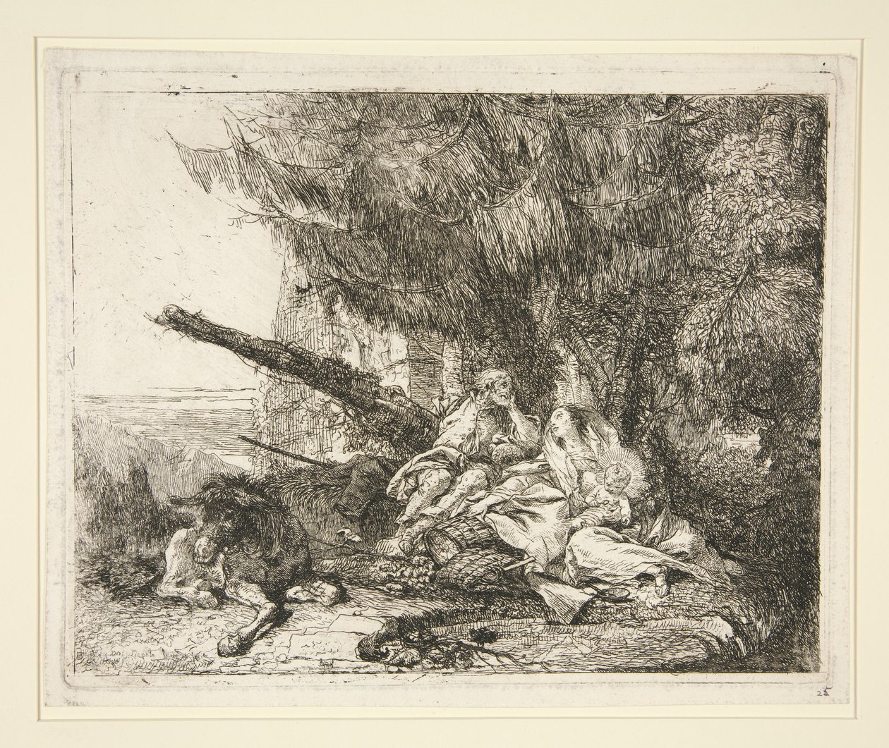 A pihenés az egyiptomi repülésen, az Idee pittoresche sopra la fuga in Egitto (Repülés Egyiptomba) sorozatból alkotó: Giovanni Domenico Tiepolo