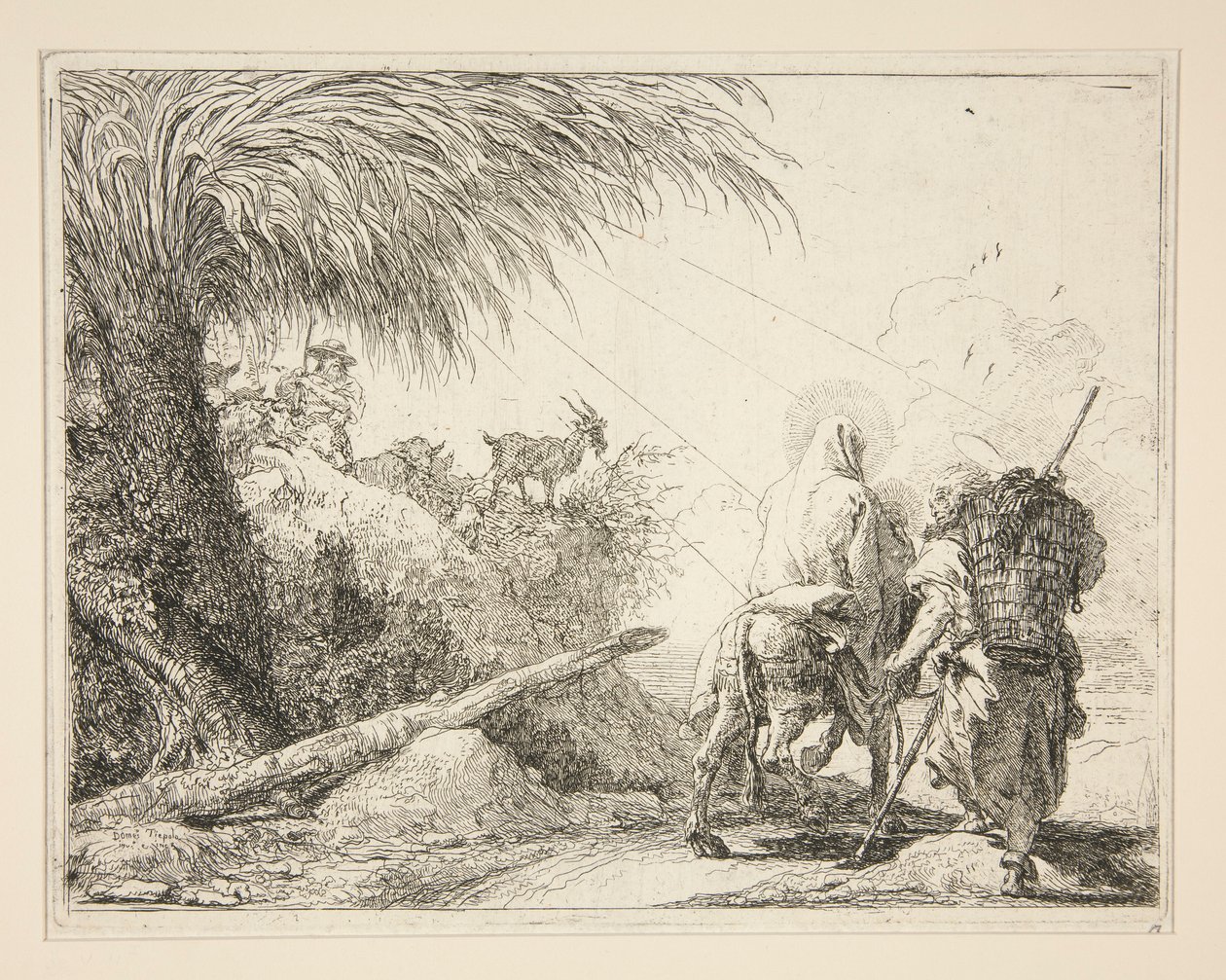 A Szűz, Szamárra ülve, hátulról nézve, az Idee pittoresche sopra la fuga in Egitto (Repülés Egyiptomba) sorozatból alkotó: Giovanni Domenico Tiepolo