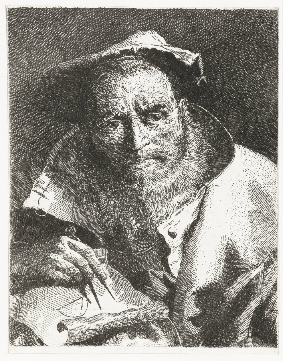 Tudós berettel a fején, iránytűvel a kezében Fejgyűjtemény (sorozat címe) Raccolta di Teste (sorozat címe) alkotó: Giovanni Domenico Tiepolo