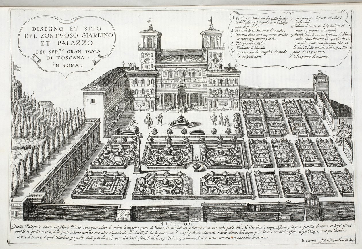 Kilátás a kertekre és a toszkán nagyherceg palotájára, Róma alkotó: Giovanni Domenico de