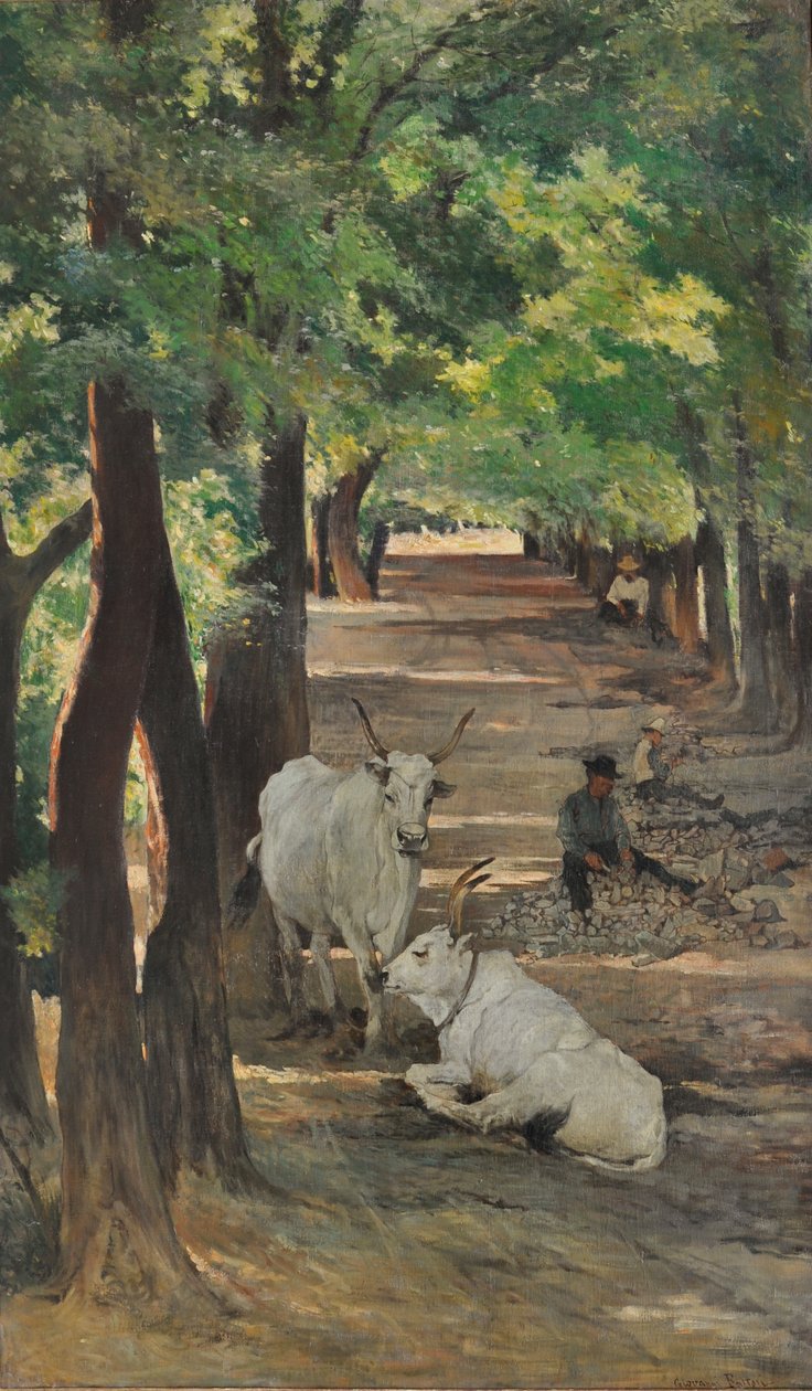 Sugárút ökrökkel és kőtörőkkel, 1875 körül (olaj, vászon) alkotó: Giovanni Fattori