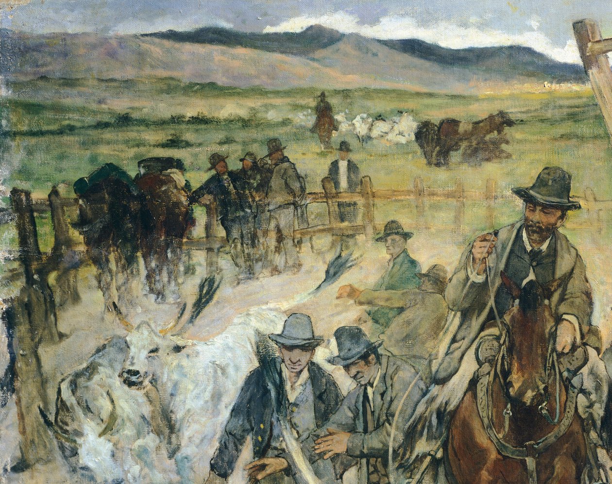 Fiatal bikák márkajelzése Maremmában, 1887 körül, Giovanni Fattori (1825-1908), 86x172 cm, Részlet alkotó: Giovanni Fattori