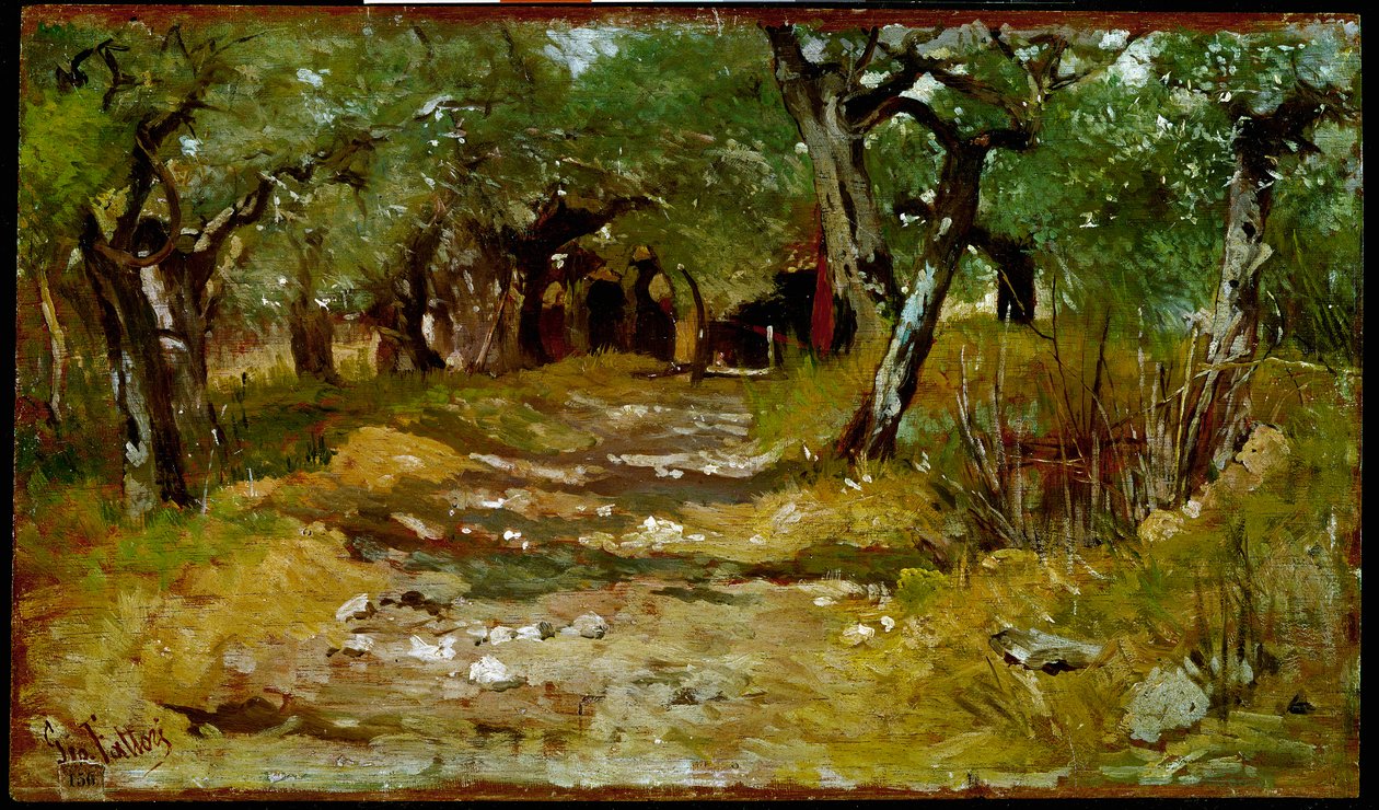 Az ösvény az olajfák között Giovanni Fattori (1825-1908) festménye 1890-1900 V. 19x33 cm Firenze, Galleria d