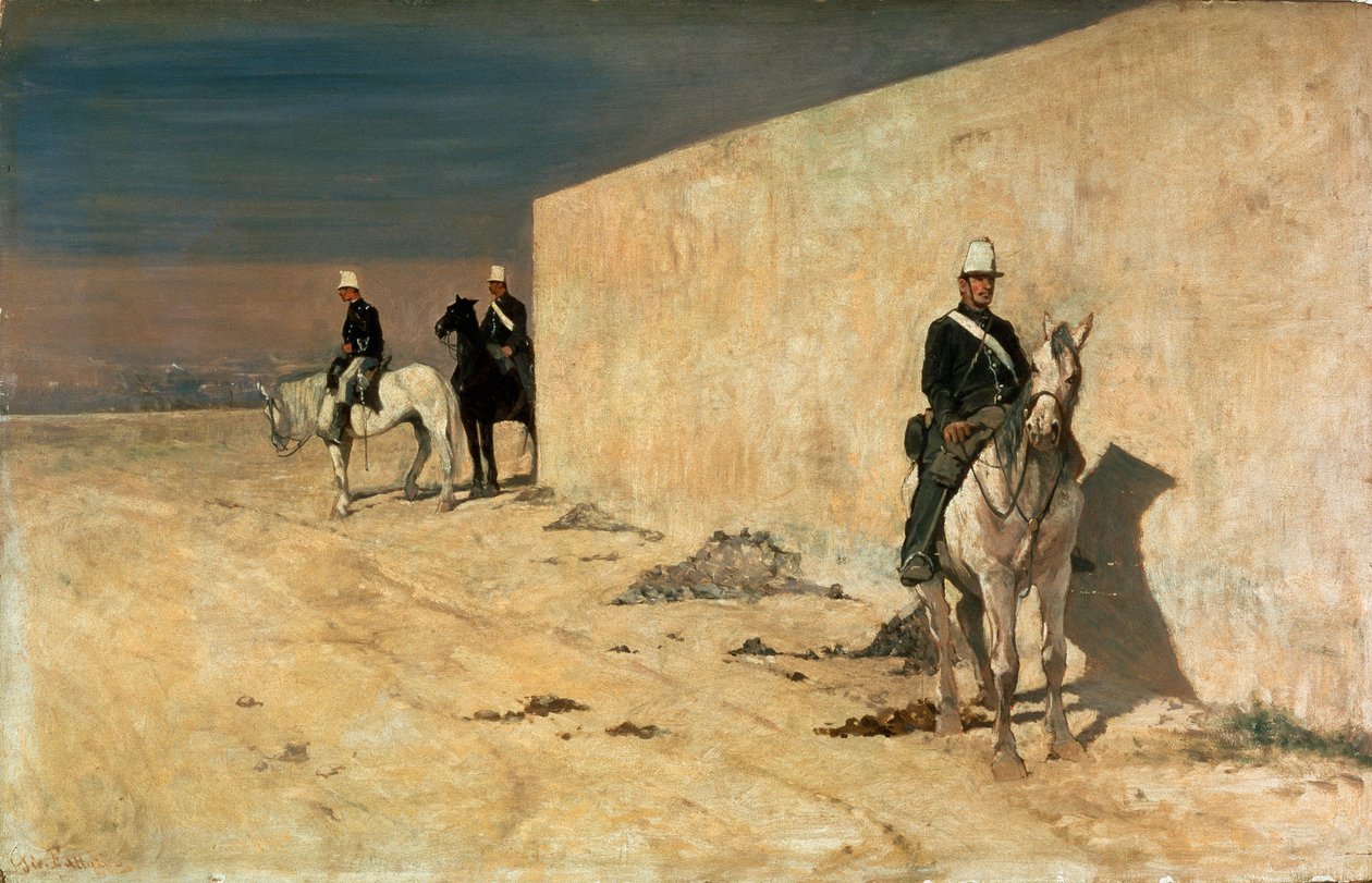 A kilátó (A fehér fal) Lovasok őrt állnak egy fehér fal előtt a sivatagban. Giovanni Fattori (1825-1908) festménye alkotó: Giovanni Fattori