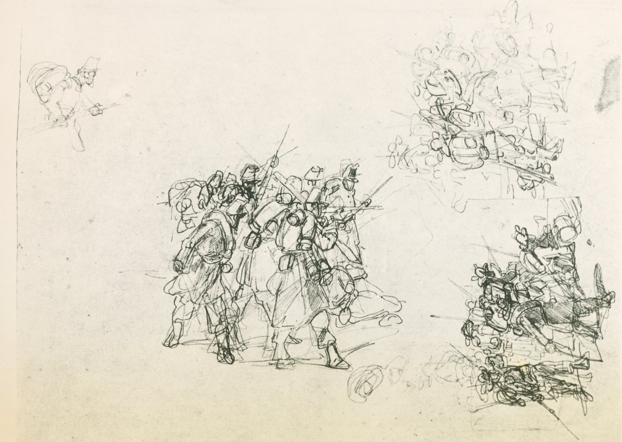 Három vázlat katonacsoportokhoz (fekete ceruza) alkotó: Giovanni Fattori