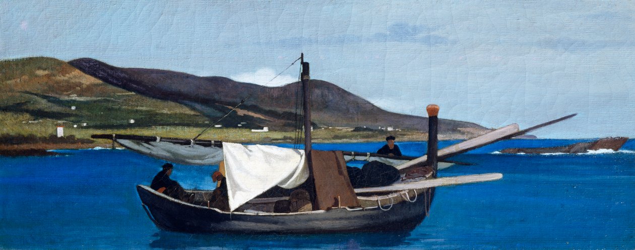 Romito hegye csónakkal és halászokkal, Giovanni Fattori (1825-1908), olaj, panel, 22,5x56,5 cm alkotó: Giovanni Fattori