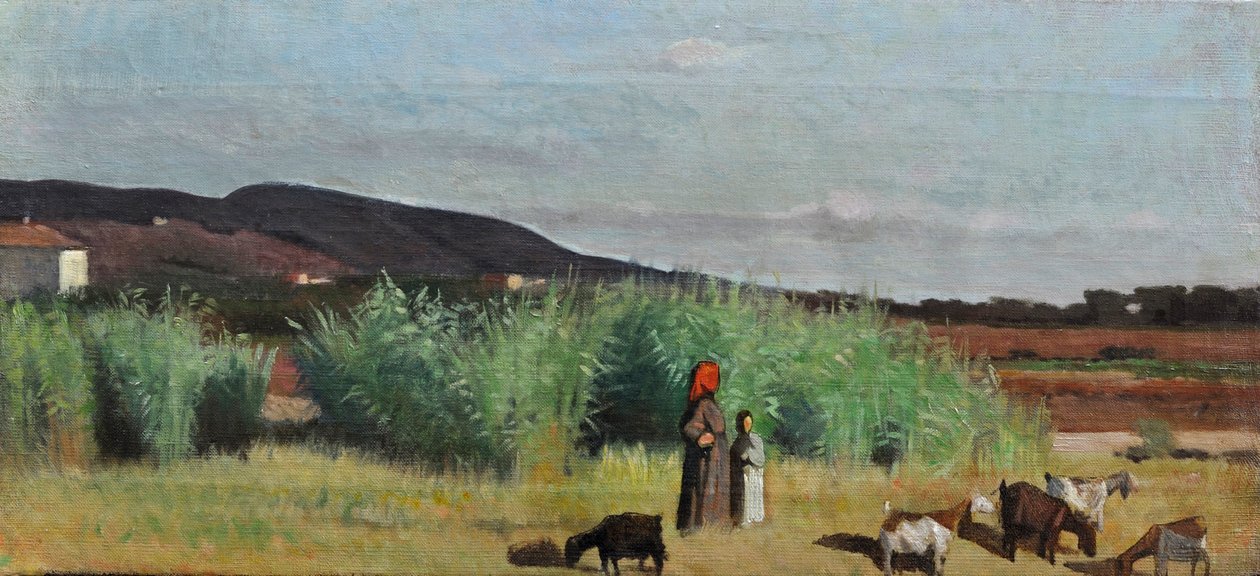 Két parasztasszony nyájakkal Livorno vidékén, 1865 körül (olaj, vászon) alkotó: Giovanni Fattori
