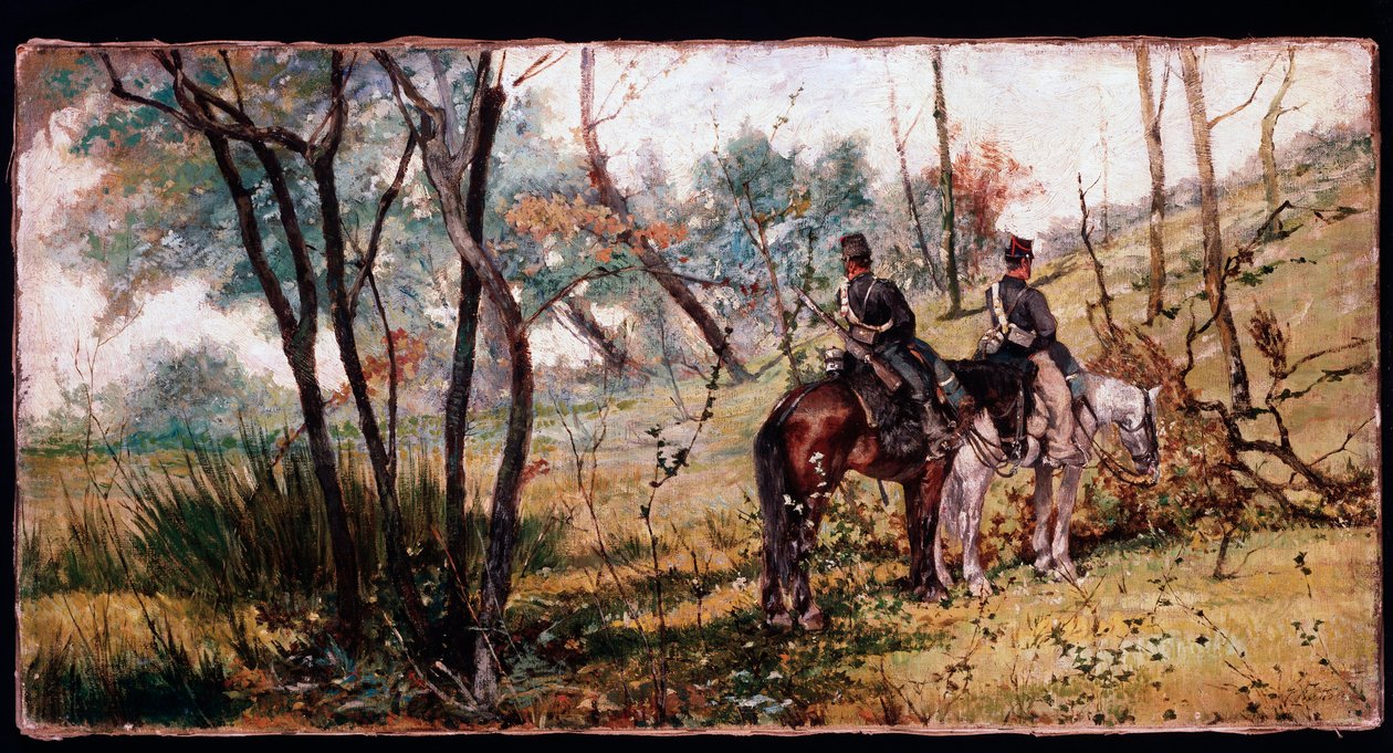 Két katona lovagol a fák alatt (két lólábú) - Festészet alkotó: Giovanni Fattori