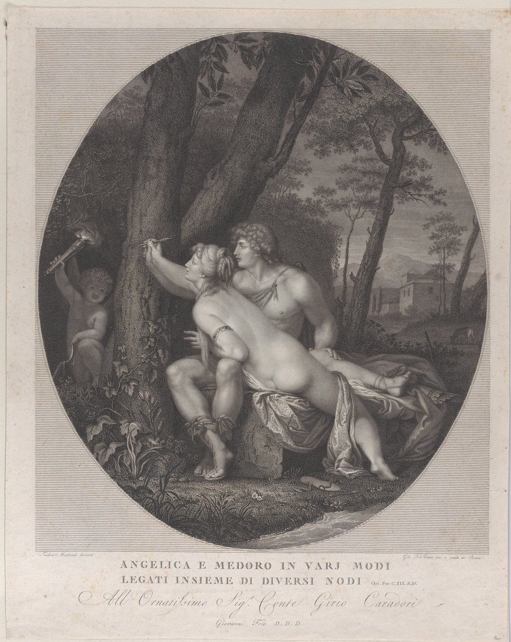 Angelica Medoro ölében fekszik, és felírja a nevüket egy fatörzsre, 1784-1836. alkotó: Giovanni Folo