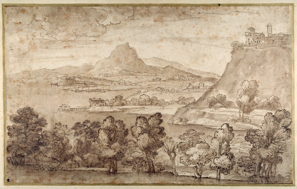 Táj egy dombos várossal és egy távolabbi hegyekkel (toll és barna tinta barna mosással fehér papíron) alkotó: Giovanni Francesco Grimaldi