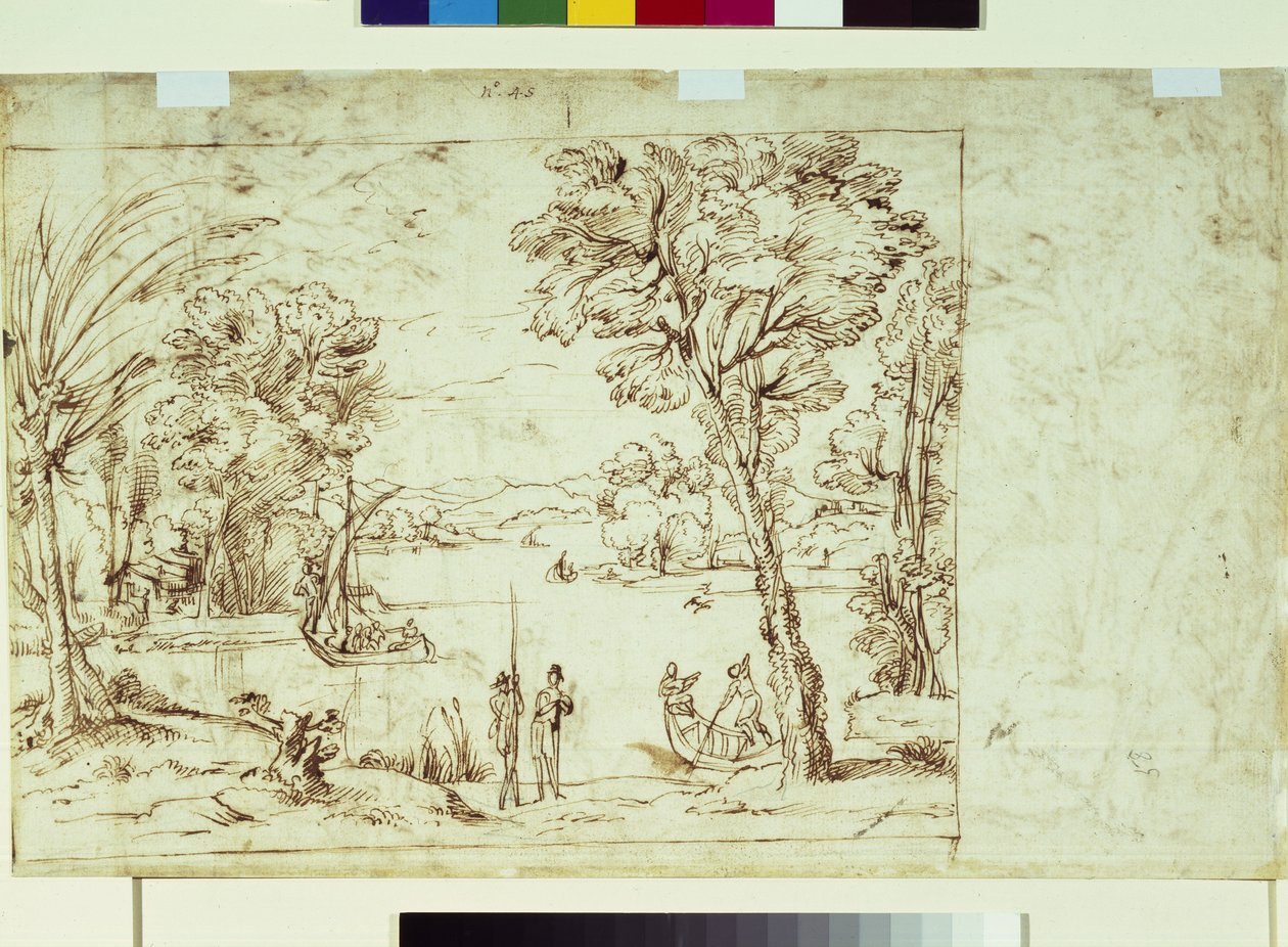 Táj figurákkal a folyóparton (toll és tinta papíron) alkotó: Giovanni Francesco Grimaldi