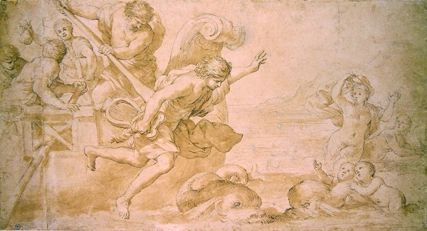 Arion és a delfinek (toll és barna tinta, mosás, papír) alkotó: Giovanni Francesco Romanelli