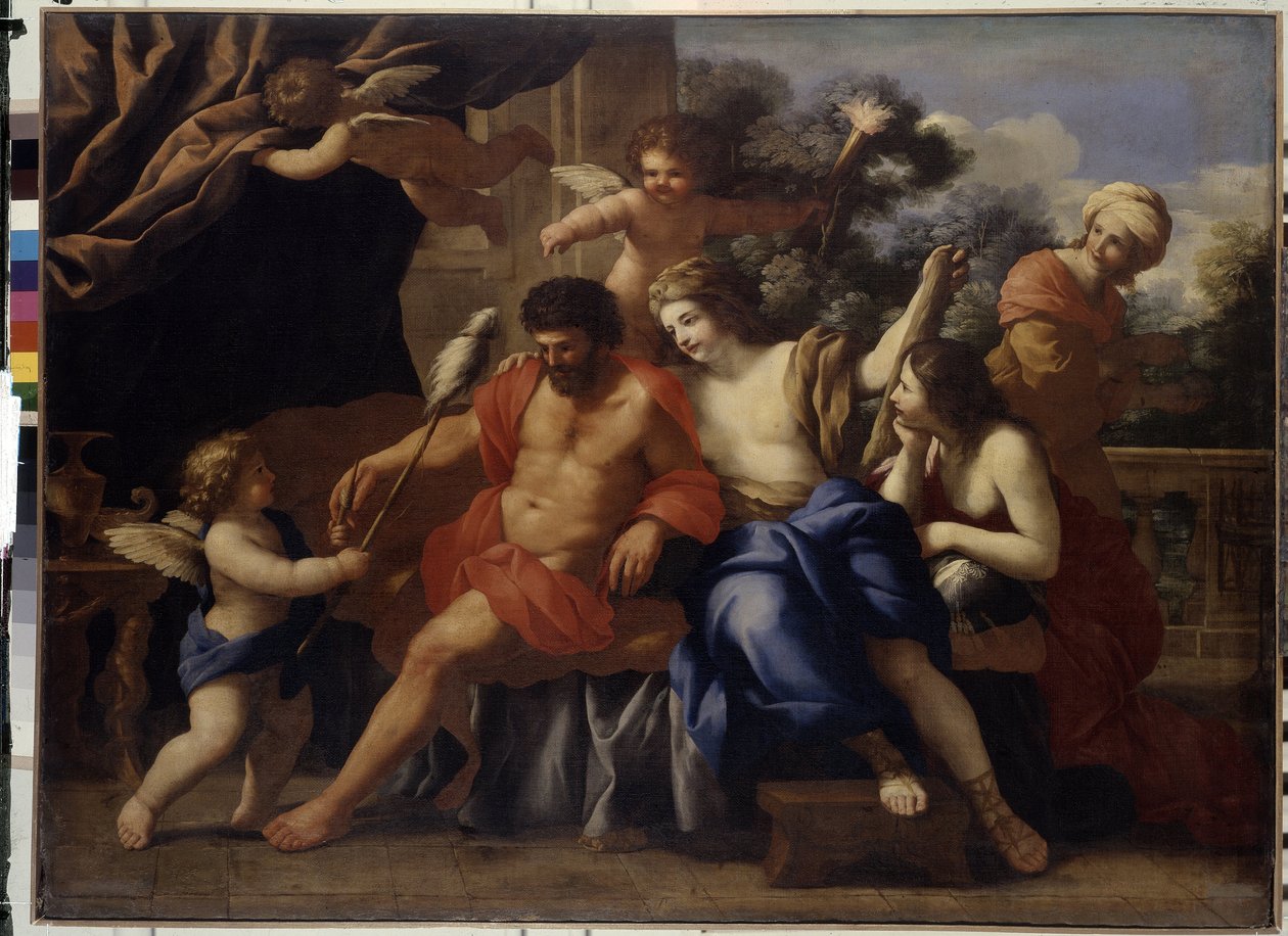 Herkules és Omphale (Herkules és Omphale). Giovanni Francesco Romanelli (1610-1662) festménye, olaj, vászon, 1650 körül. Olasz művészet alkotó: Giovanni Francesco Romanelli